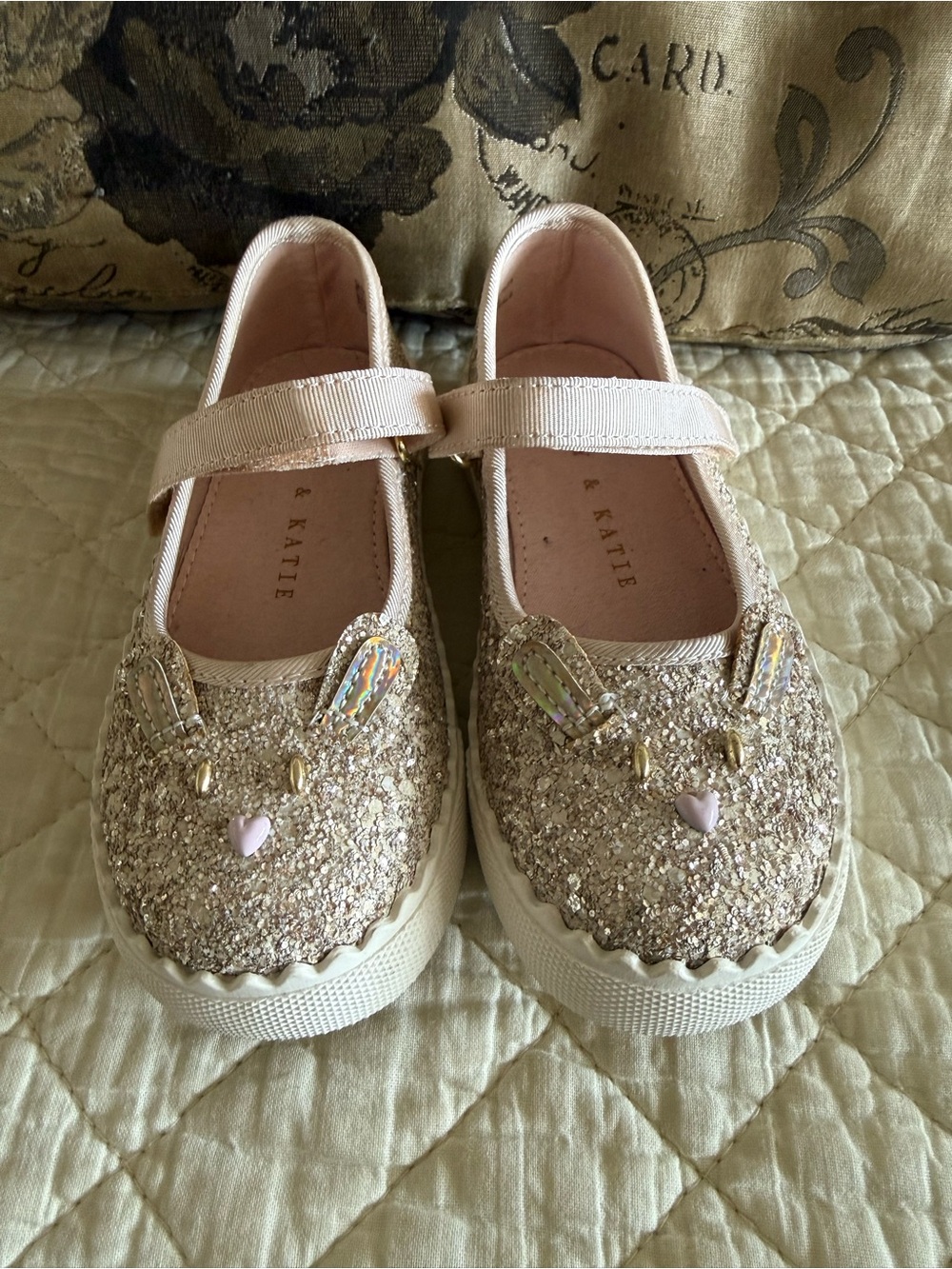 Kelly & Katie Girls' Gold Glitter Bunny Mary Janes with Pink Heart